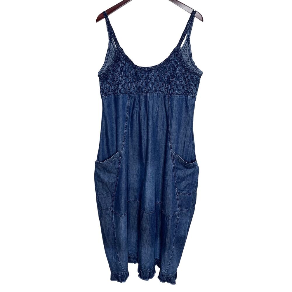 Free People Clear Skies Maxi Dress L Blue Chambray Denim Boho Pocket